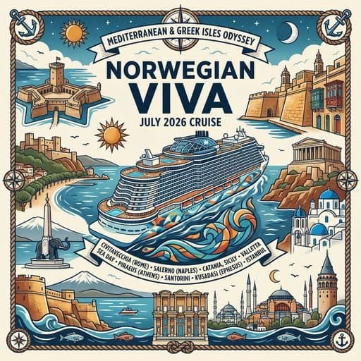 A beautiful illustrated poster of a Norwegian Cruise sailing through the Mediterranean
