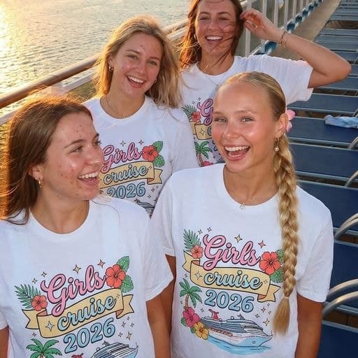 A group of beautiful girls in matching custom cruise t-shirts